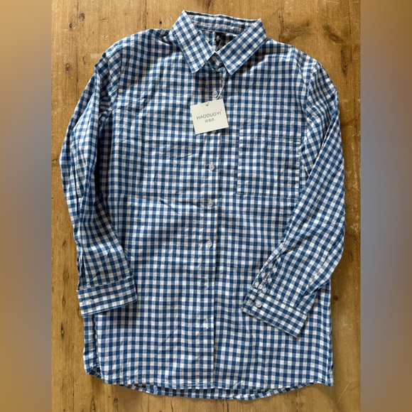 HAODUOYI Blue and White Checkered Button-Down Shirt - Picture 1 of 3